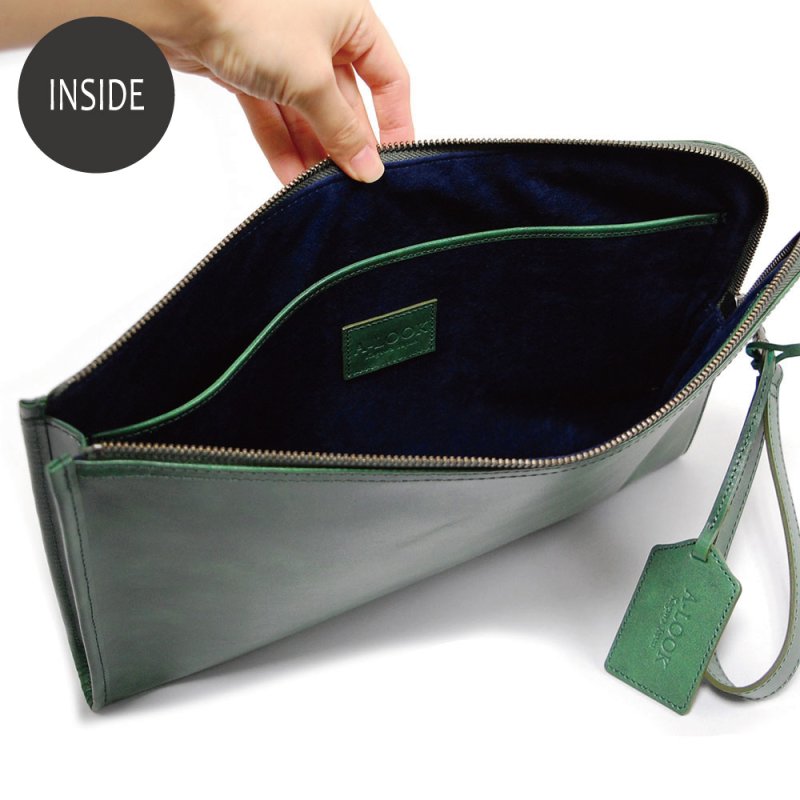 画像4: ムラ染めオリーブレザー クラッチバッグ (4)