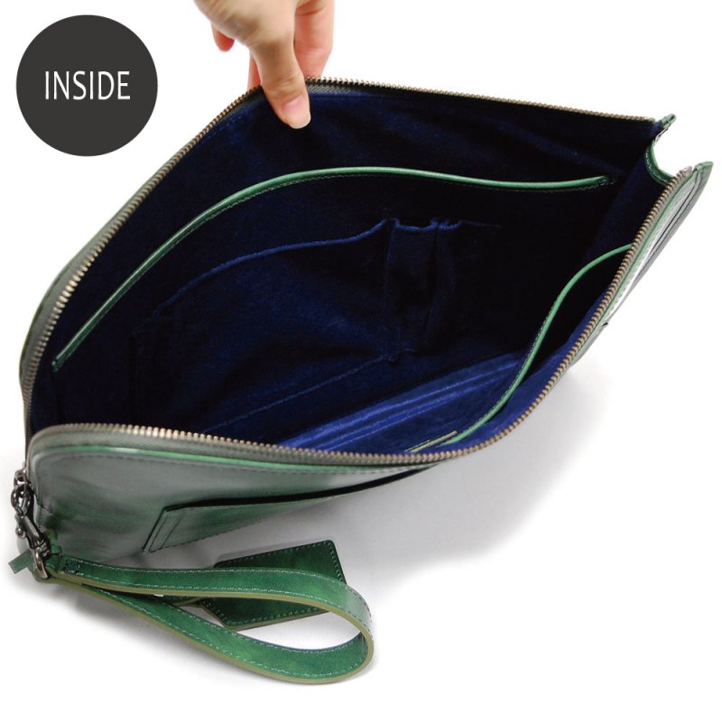 画像5: ムラ染めオリーブレザー クラッチバッグ (5)