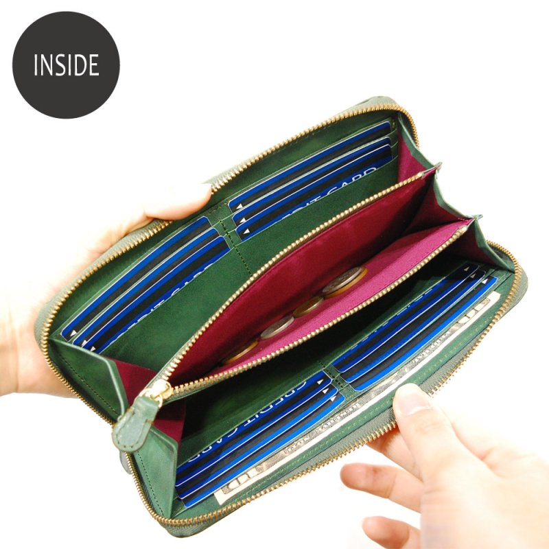 画像10: ムラ染めオリーブレザー ラウンドファスナー長財布 (10)