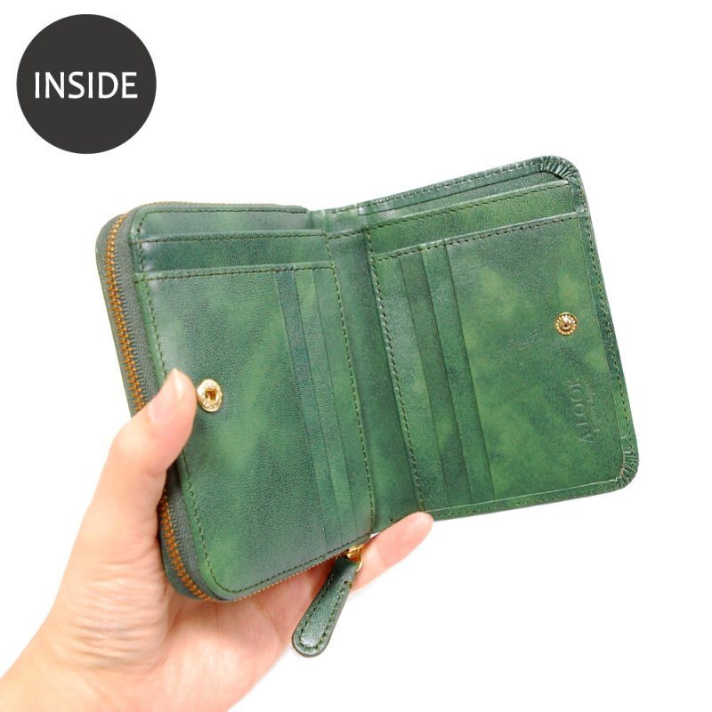 画像5: ムラ染めオリーブレザー ラウンドファスナー短財布 (5)