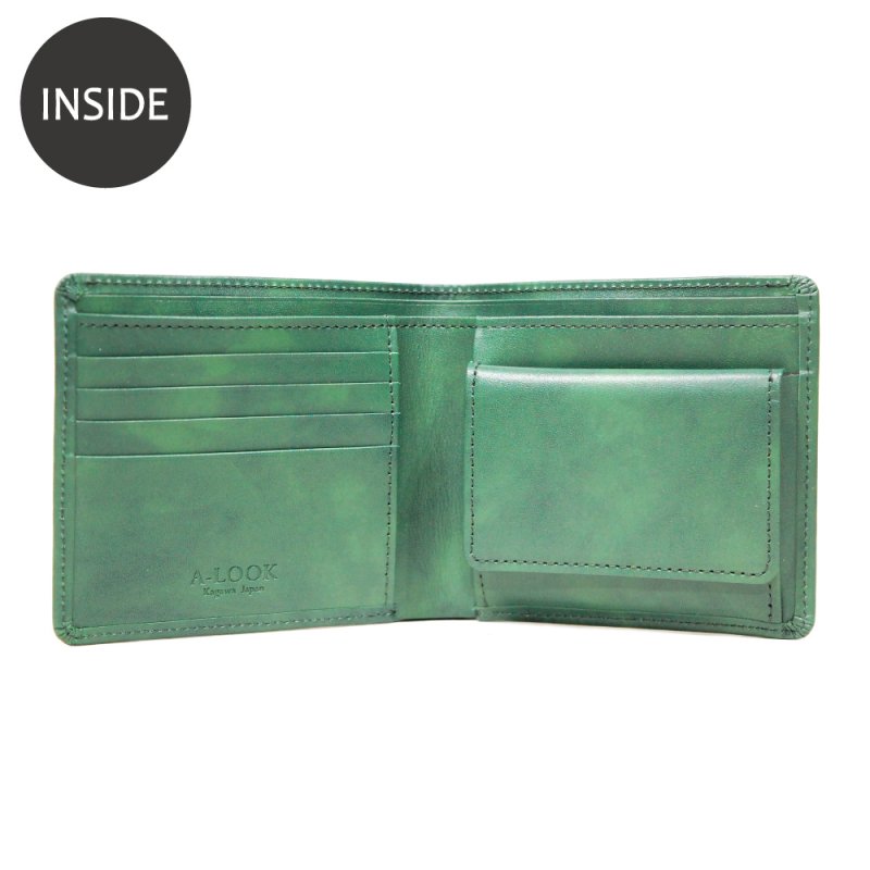 画像4: ムラ染めオリーブレザー 2つ折り財布 (4)